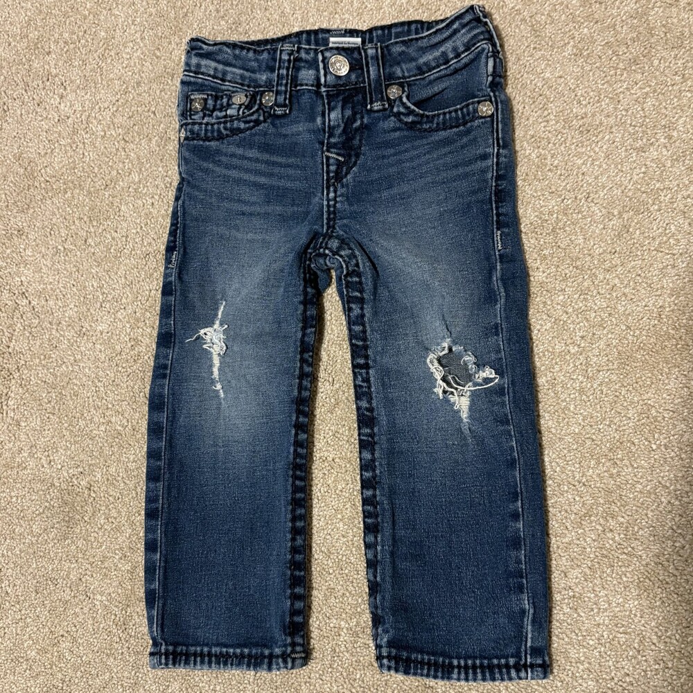 True Religion Kids Sz 2T Distressed Blue Jeans Adjustable Waist Boys Girls 18x13